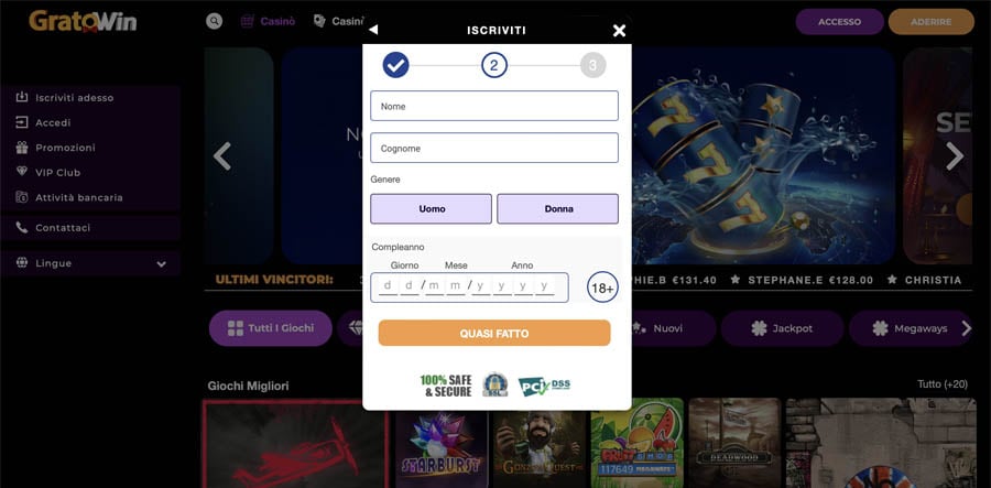 Registrazione e Accesso gratowin